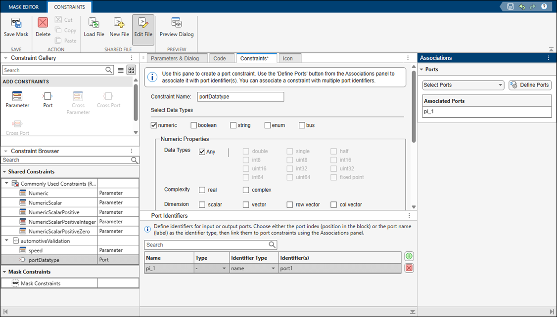 The Constraints tab of the Mask Editor, shows constraints associated to parameters and ports