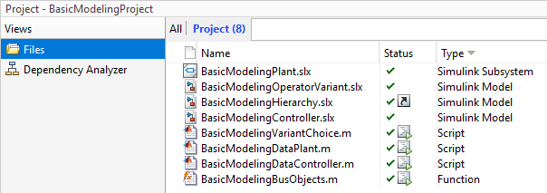 Project that contains a subsystem file, three model files, three scripts, and a function