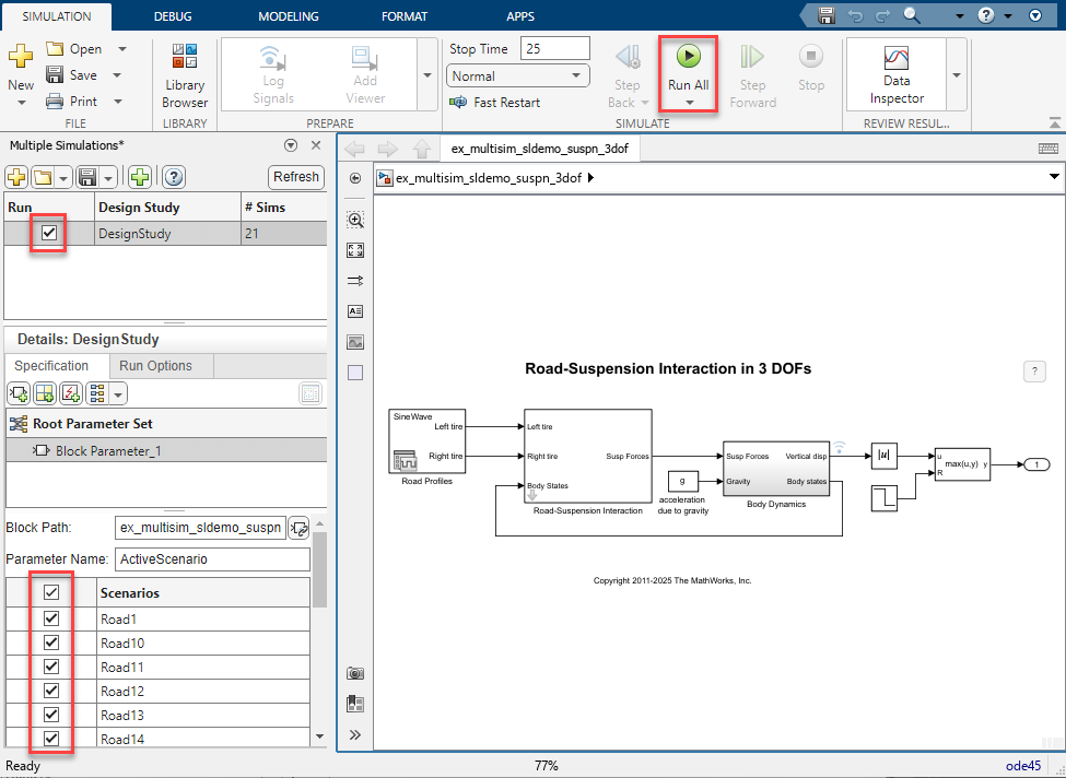 The Simulink canvas showing the Multiple Simulations panel, with the design study selected and Run All button activated.