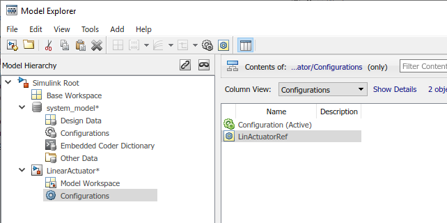 Model Explorer showing the configurations section of the model LinearActuator. The configuration reference LinActuatorRef is highlighted in the contents pane.