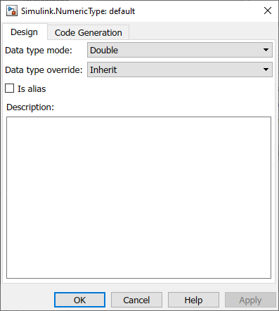 Default view of the Simulink.NumericType property dialog box with the Design tab displayed
