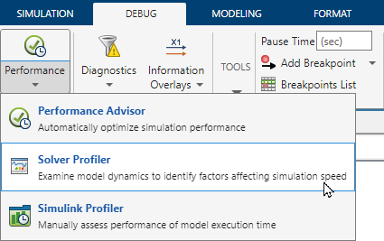 On the Debug tab, the Performance list is expanded with the pointer paused on the Solver Profiler option.