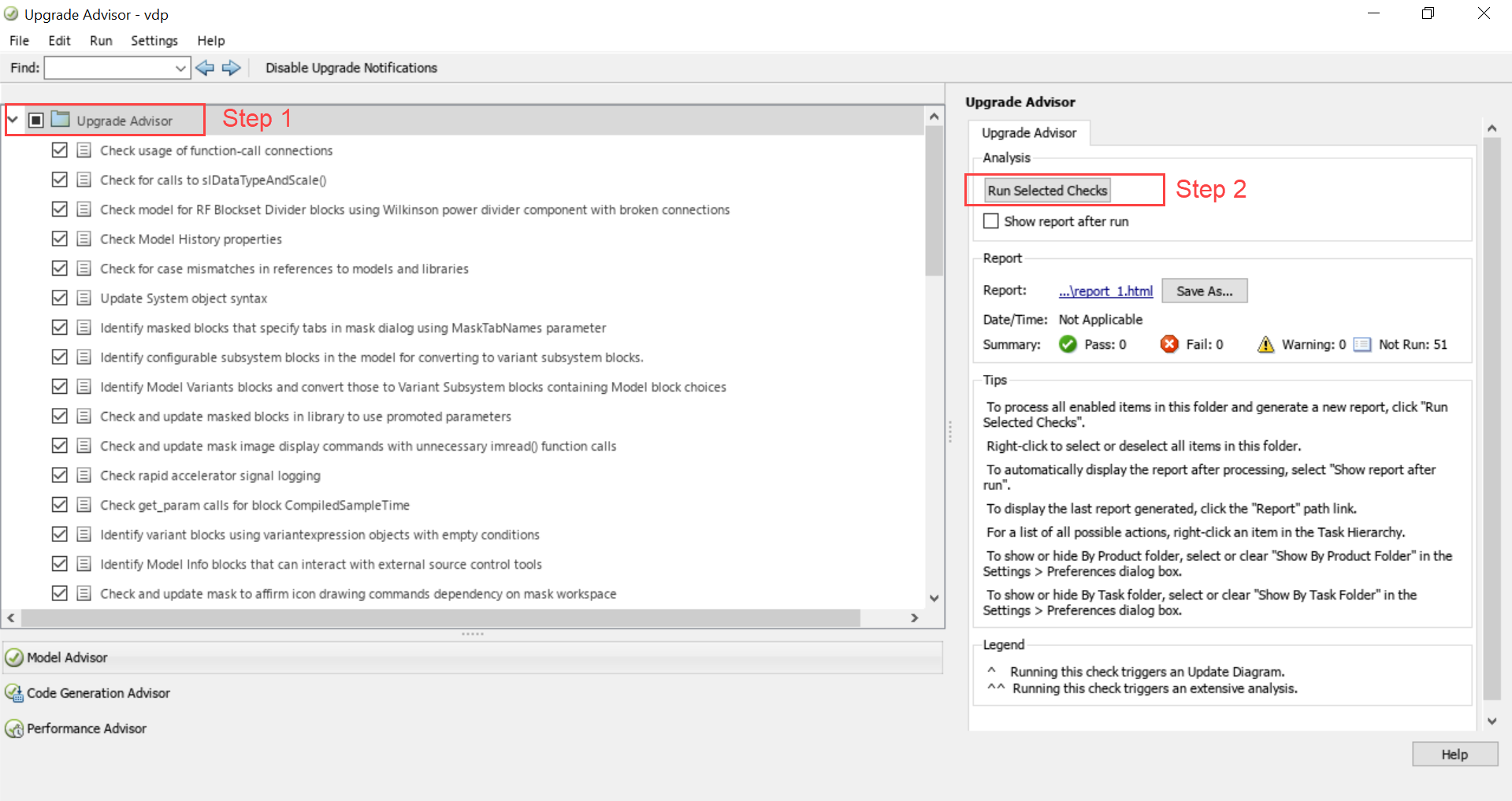 Upgrade Advisor tool with the Upgrade Advisor node selected in the left pane and Run Selected Checks button in the right pane