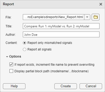 The default Report dialog box for a report of the Compare pane