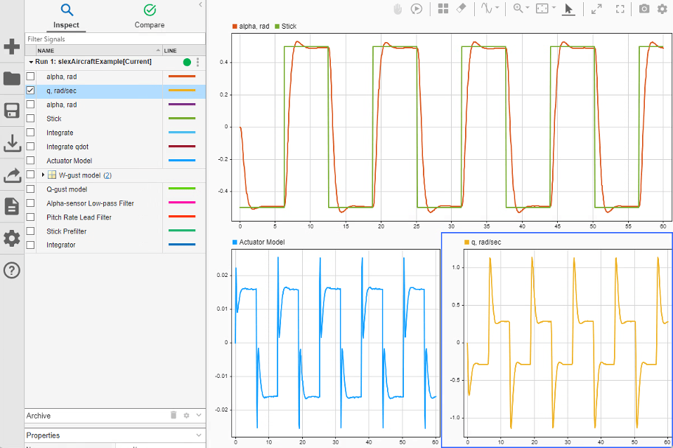 The Inspect pane of the Simulation Data Inspector shows three subplots. The subplots show time plots of data gathered from three runs of the model sldemo_autotrans. The first subplot shows the EngineRPM signals from all three runs. The second subplot shows the ShiftLogic signals from all three runs. The third subplot shows the VehicleSpeed signal from all three runs.