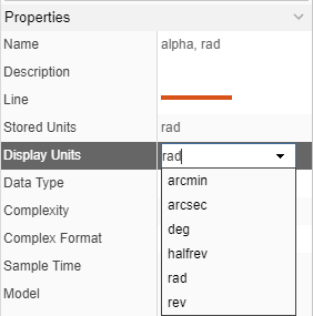 The Properties pane shows the Stored Units for the alpha, rad signal as rad. The Display units drop-down list is expanded to show choices of arcmin, arcsec, deg, halfrev, rad, and rev.