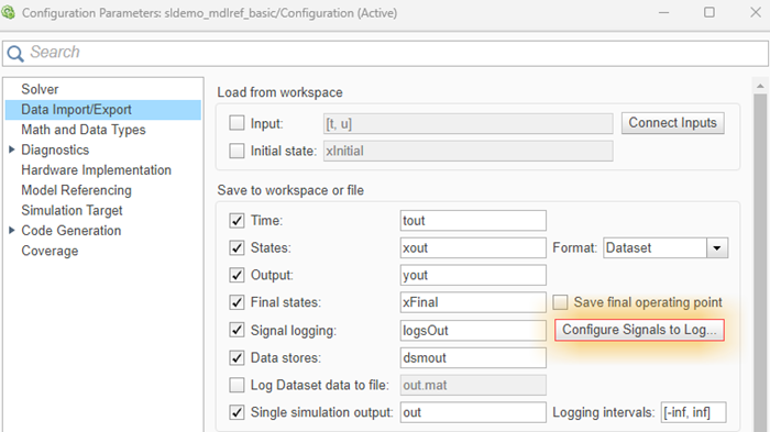 The Configure Signals to Logbutton in the Configuration Parameters dialog box.