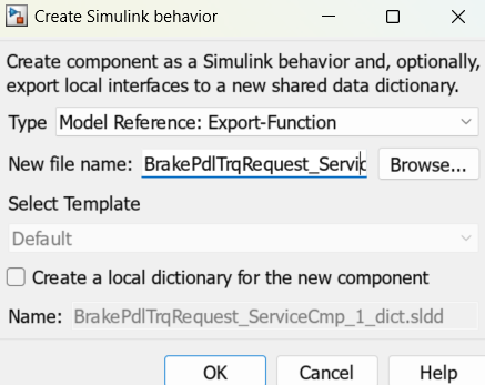 Create Simulink behavior dialog box.