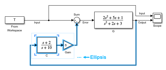 A Transfer Fcn block and a Gain block are selected in the model, and an ellipsis is next to the selection box