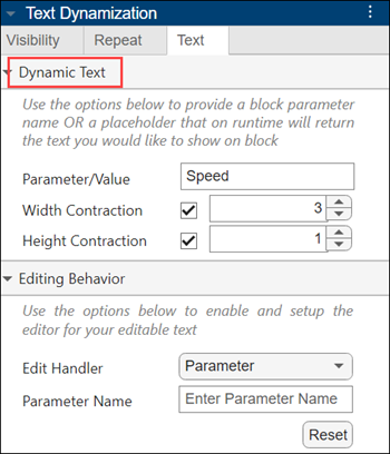 Text Dynamization pane showing the Dynamic Text section of the Text tab. Parameter/Value is set to Speed.