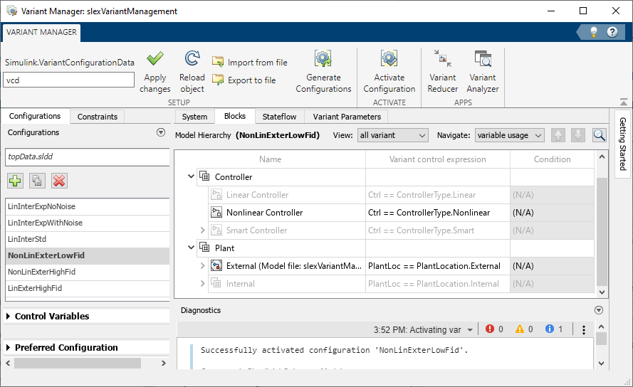 Variant Manager model hierarchy reflects the active configuration