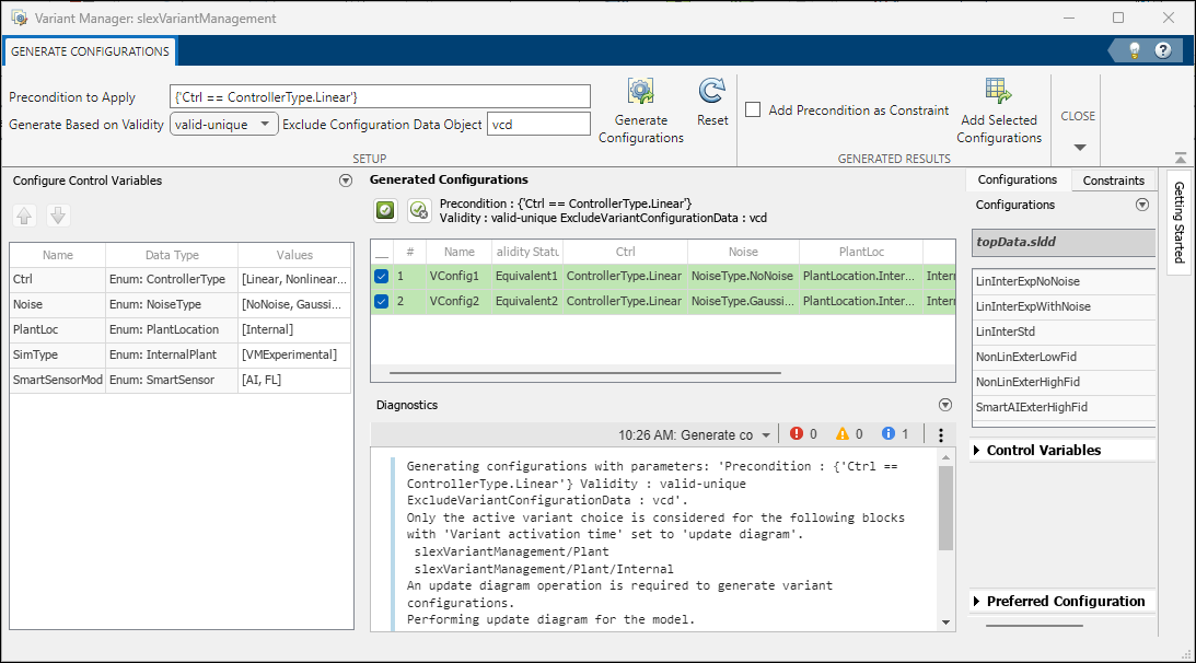 Variant configurations in the Generated Configurations pane