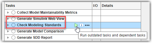 Process Advisor with Generate Simulink Web View and Check Modeling Standards tasks