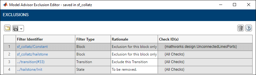 Model Advisor Exclusion Editor window