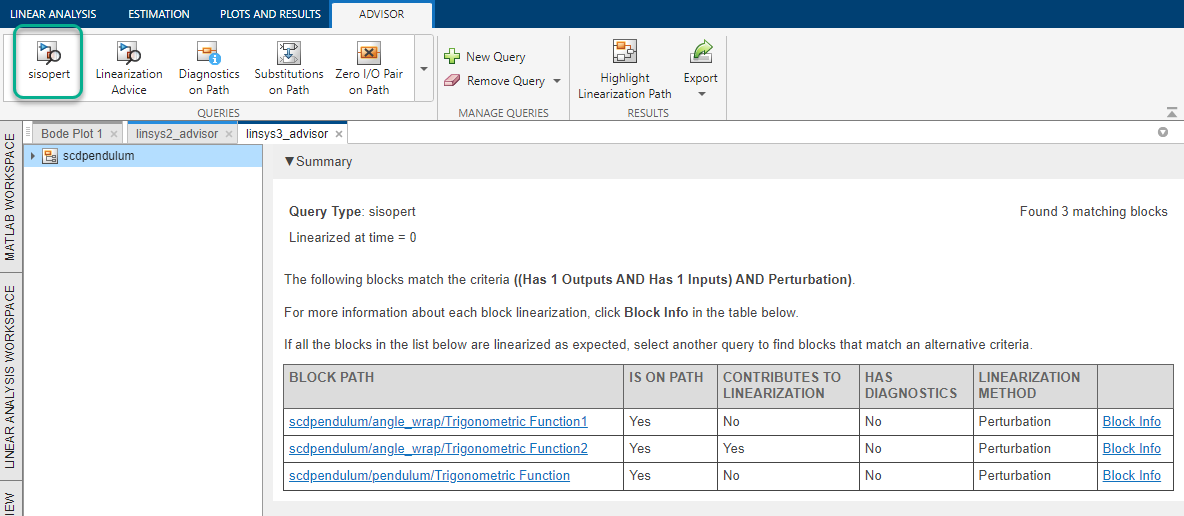 Advisor document showing the results for the sisopert custom query. For this system, three blocks match the search criteria.