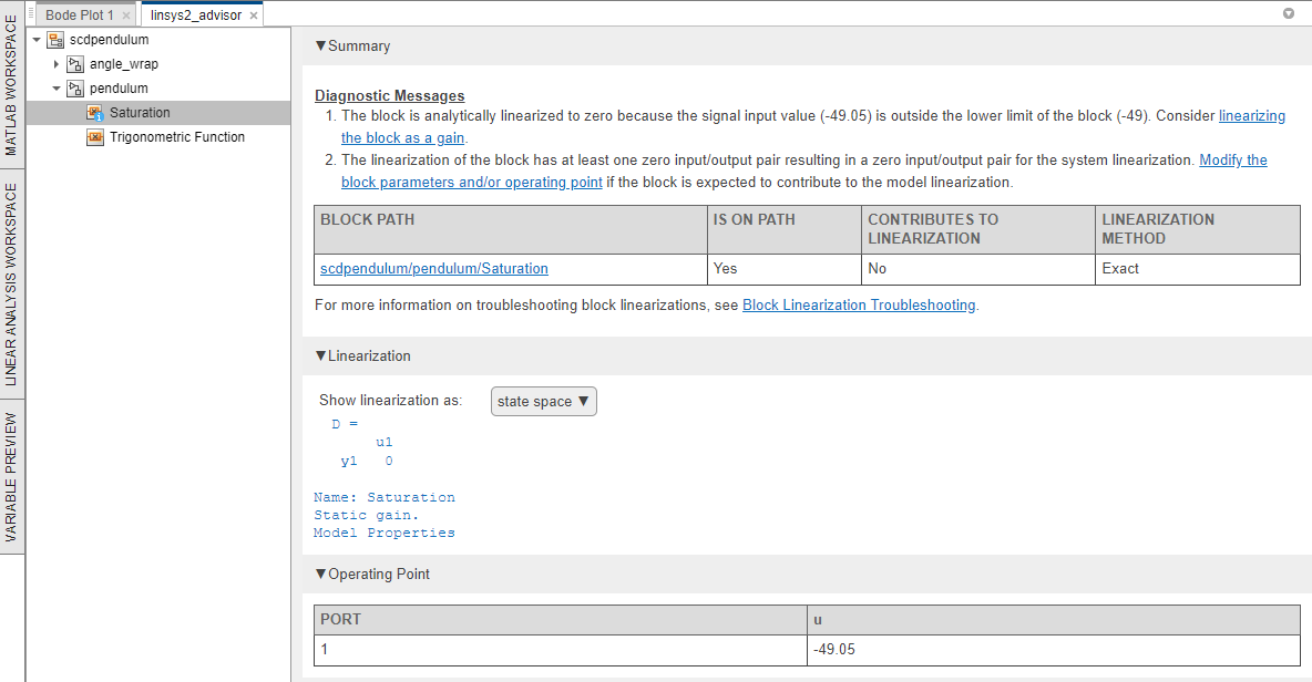 Advisor document highlighting the Saturation block in the tree list on the left. On the right, the document shows the diagnostic information for this block.