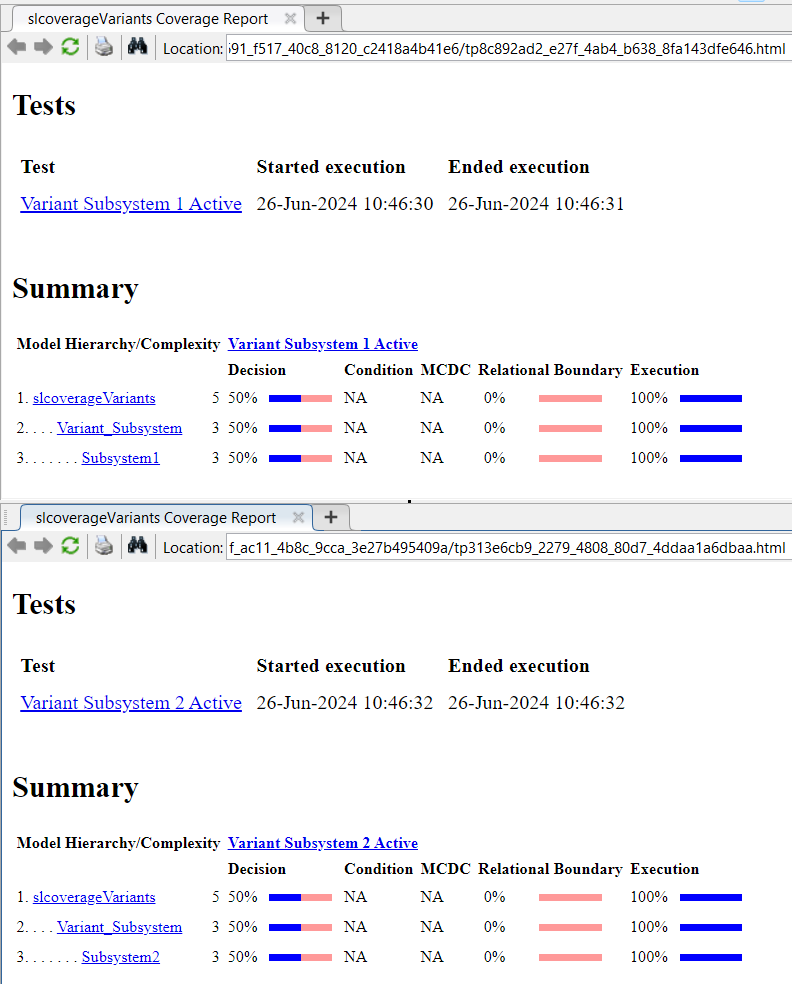 Side-by-side comparison of tests and summary sections of the coverage reports for the two instancesof the model displayed in Test Manager.