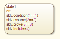 The stateflow chart is named "state 1" and utilizes Simulink Design Verifier.