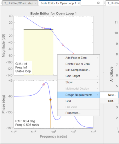 Bode editor plot tab showing the options when you right-click and select Design Requirements