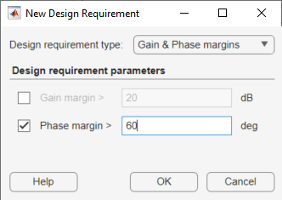 New Design Requirement dialog box with the specified values entered