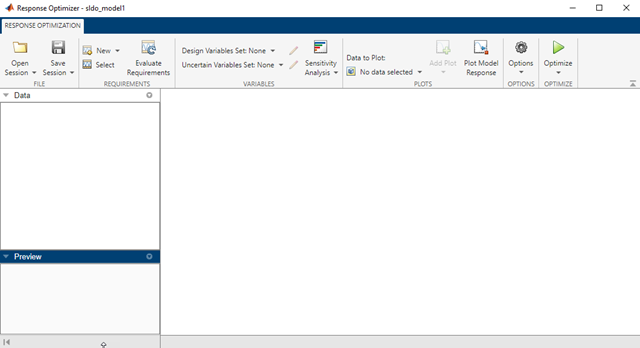 Response Optimizer app main screen. Response Optimization toolstrip is on the top. Data and preview areas are on the left.