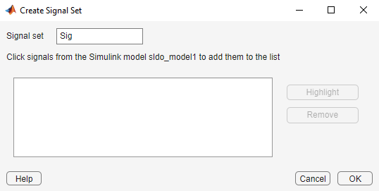 Create Signal Set dialog box with name of signal set on top followed by the area to display added signals