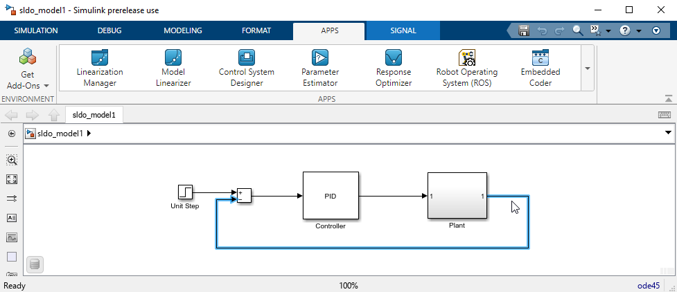 Simulink model with plant block output signal selected