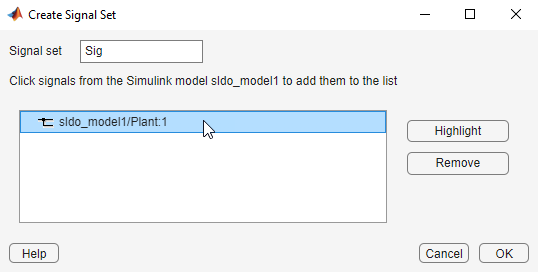 Create Signal Set dialog box with the plant output as the added signal