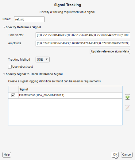 PlantOutput signal selected under the specify signal to track reference signal area in the Create Requirements dialog box