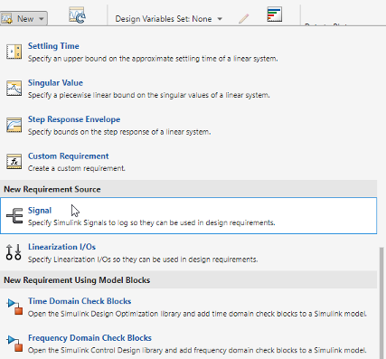 Drop-down list for the New button on the Response Optimization toolstrip