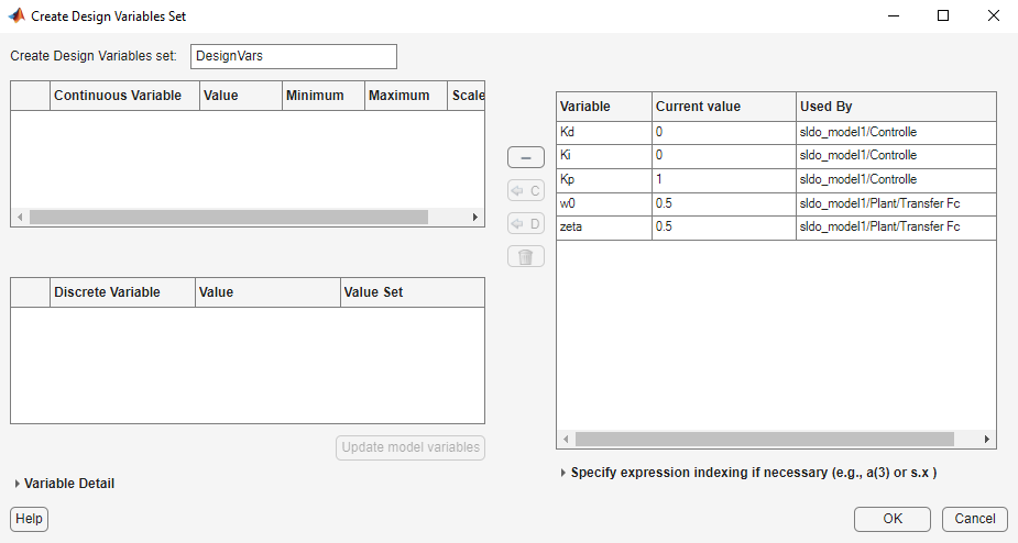 Create Design Variables Set dialog box