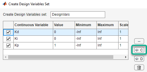 Create Design Variables Set showing the added selected parameters