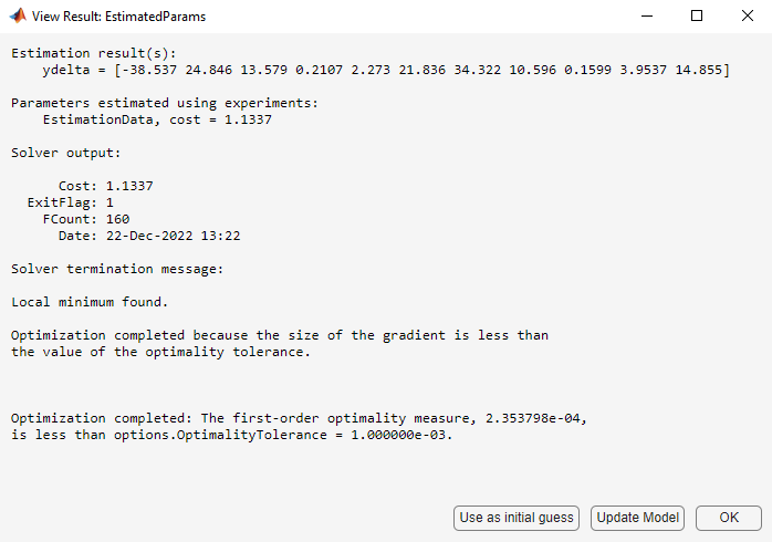 View Result: EstimatedParams dialog box showing the Estimation results