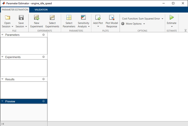 Parameter Estimator app main screen with Parameter Estimation toolstrip on top. On the left, from top to bottom are the Parameters, Experiments, Results, and Preview areas.