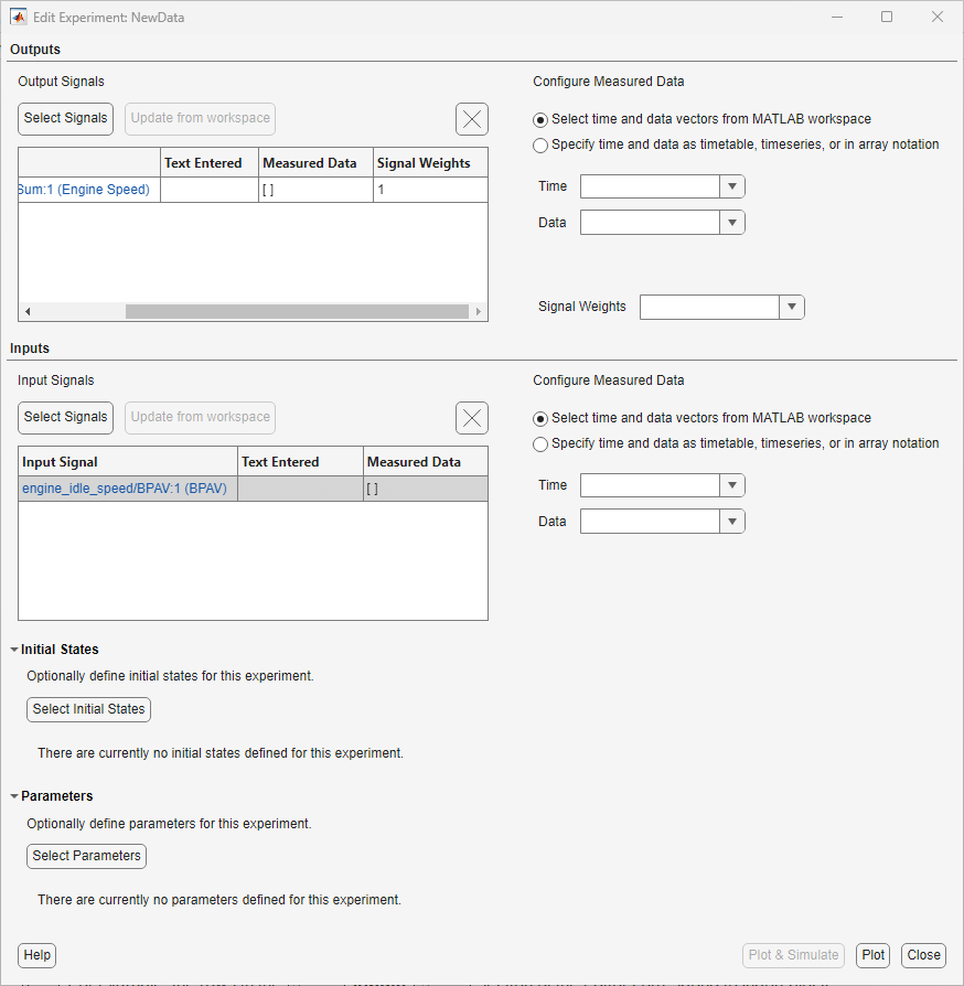 Edit Experiment dialog box with the populated Output Signal table under the Outputs section on top and the populated Input Signal table under the Inputs section on the bottom followed by Initial States and Parameters sections