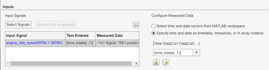 The Inputs section of the Edit Experiment dialog box with the input data specified using array notation