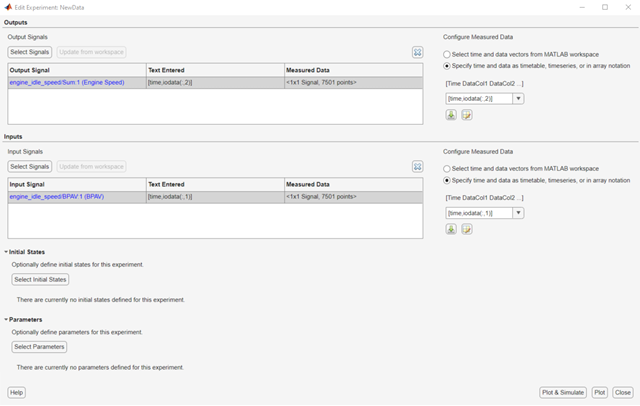 Edit Experiment dialog box with the populated Output Signal table under the Outputs section on top and the populated Input Signal table under the Inputs section on the bottom followed by Initial States and Parameters sections. The input and output data are specified using array notation.