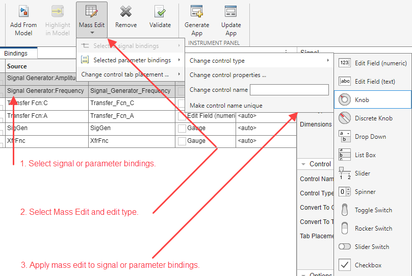 The Mass Edit button lets you apply changes to multiple signal or parameter bindings.