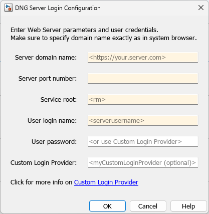 DNG Server Login Configuration dialog box, which has fields for server domain name, server port number, service root, user login name, user password, and custom login provider.