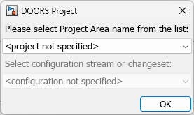 DOORS Project dialog box, which has drop-down lists to select the project and configuration context.