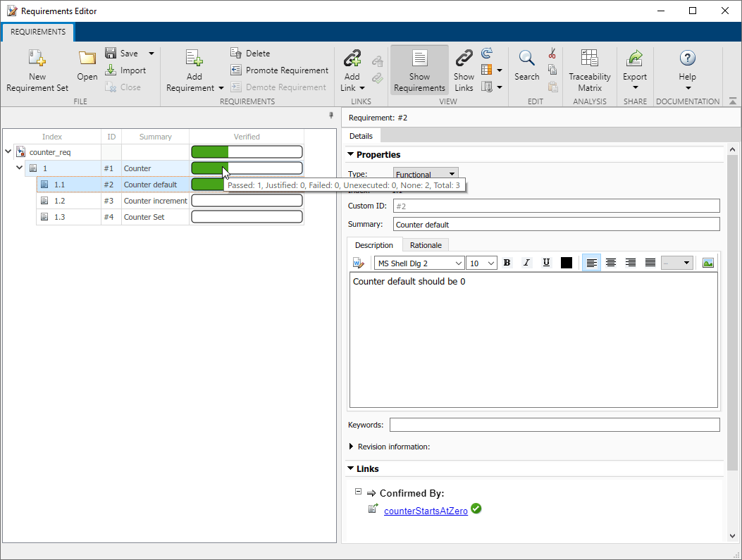 The Requirements Editor with the counter_req requirement set. The verification status bar is partially green.