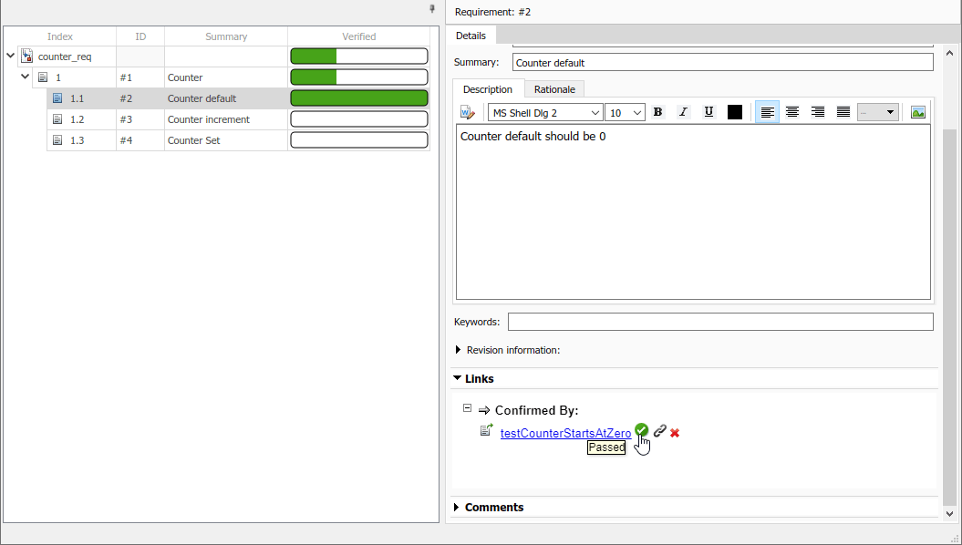 The Requirements editor with the counter_req requirement set. The verification status for requirement 1.1 is green.