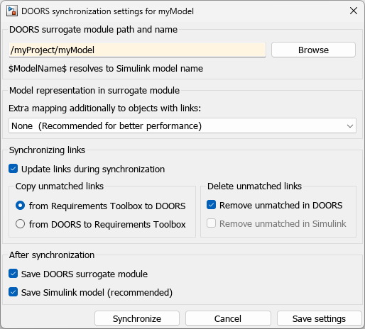 The DOORS synchronization settings dialog is shown for a model called myModel. The link settings are configured to copy unmatched links from Requirements Toolbox to DOORS and delete unmatched links in DOORS.