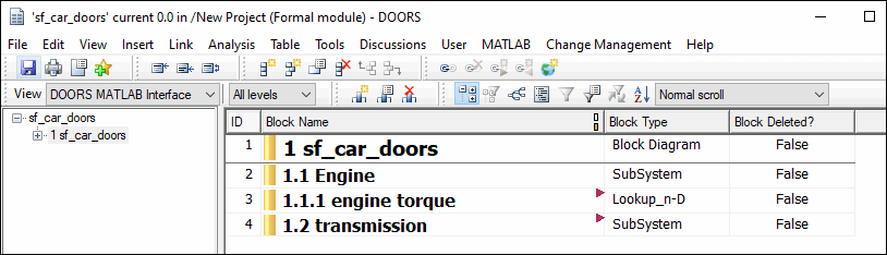 Arrows in the DOORS module indicate that the engine torque and transmission requirements have links to the Simulink model.