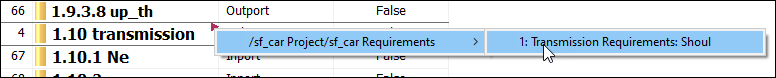 In the DOORS module, the mouse points to the menu option in the context menu that says Transmission Requirements: Shoul.