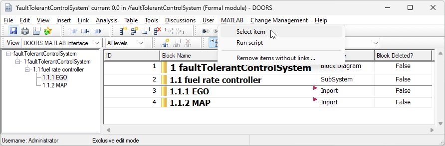 The item 1.1.1 EGO is selected in a surrogate module in IBM DOORS. The mouse points to the Select item option in the MATLAB menu.