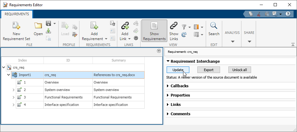 This image shows the requirements Editor, where the referenced requirements are being updated. A mouse cursor points to the Update button.