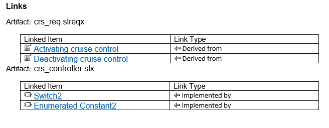 The Links section of the report shows the links for the crs_req and crs_req_func_spec requirement sets. The table shows two links for each requirement set and lists the linked item names and the link types.