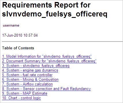 Requirements report for the slvnvdemo_fuelsys_officereq Simulink model