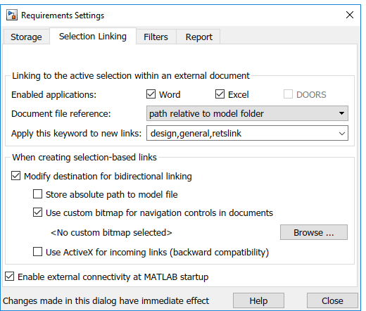 Selection Linking tab of the Requirements Settings dialog box